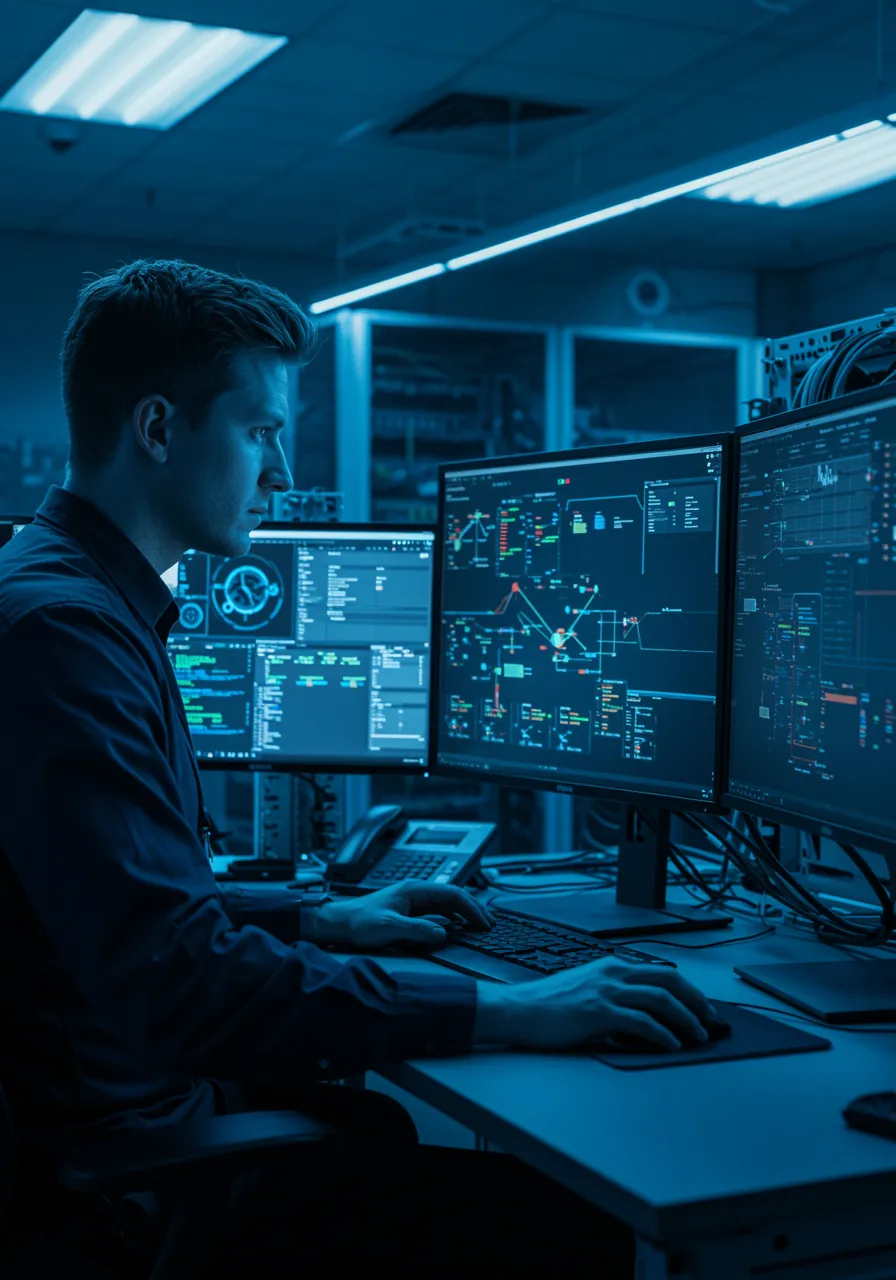 img nosotros 3 A detailed, photorealistic illustration for image ID 3668: A modern, professional office setting featuring a focused white male IT technician engaged in computer maintenance tasks. He is working at a sleek workstation with multiple monitors displaying network diagrams and digital security visuals. The background includes high-tech equipment such as server racks and cables, evoking a sense of expertise in IT systems, computer repair, and network installation. The lighting is dynamic and cool-toned to emphasize a contemporary technological environment.