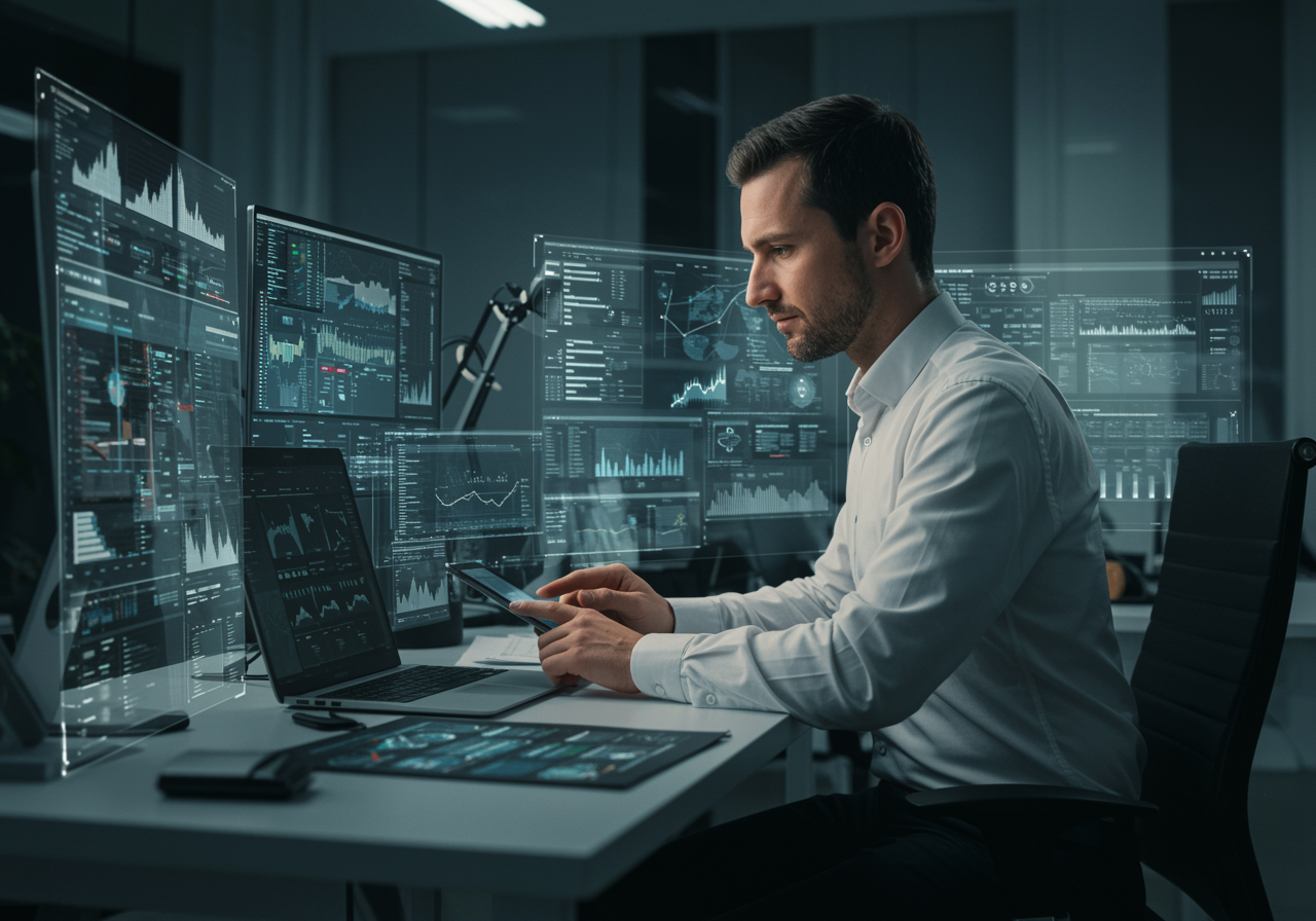 An innovative, high-quality visual representing what differentiates the service: a well-lit modern workspace with digital interfaces, smart devices, and a confident white technician analyzing complex systems; the image should evoke themes of excellence, trust, and cutting-edge technology integrated into comprehensive IT solutions.
