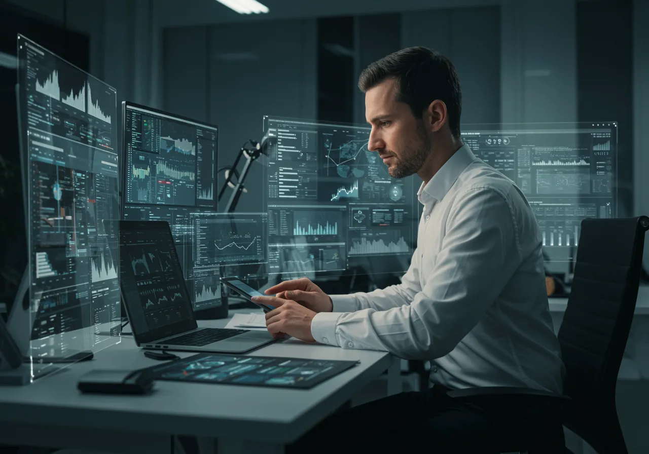 img seccion diferencia An innovative, high-quality visual representing what differentiates the service: a well-lit modern workspace with digital interfaces, smart devices, and a confident white technician analyzing complex systems; the image should evoke themes of excellence, trust, and cutting-edge technology integrated into comprehensive IT solutions.