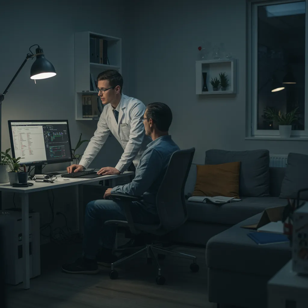 img seccion serviciosRecurso 9 100 A welcoming home office setting featuring a friendly white IT technician assisting with computer maintenance for an individual; the scene includes a comfortable, modern living space with ergonomic furniture, soft lighting, and visible personal devices, conveying trust and personalized care.