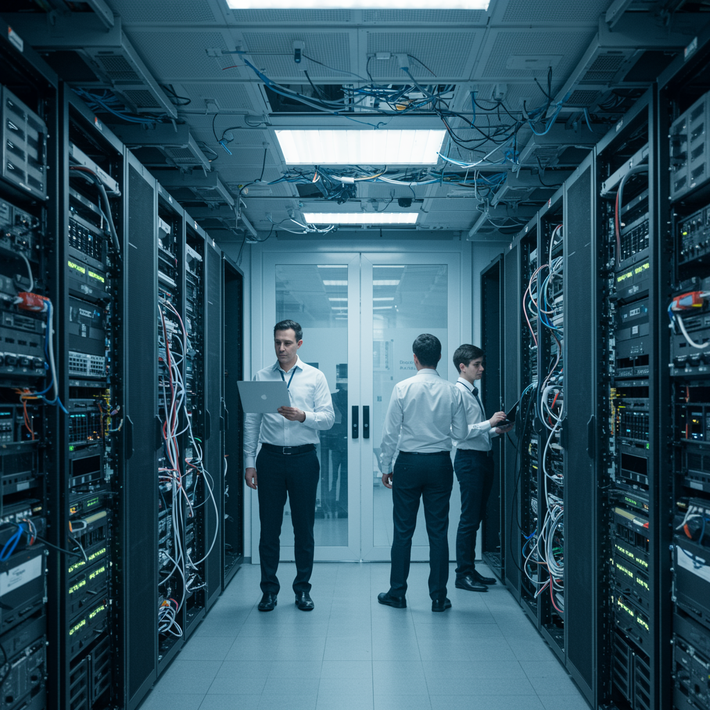 A vibrant corporate network installation project scene showing a team of white IT professionals working together inside a spacious, modern server room or tech hub; the image features detailed network components like routers, cables, and switches, symbolizing enterprise-level connectivity and sophisticated infrastructure.