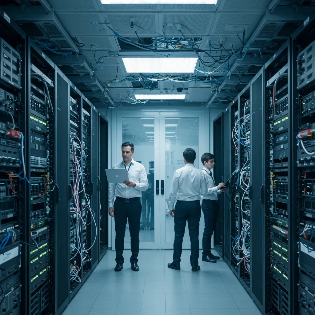 proyecto 1 A vibrant corporate network installation project scene showing a team of white IT professionals working together inside a spacious, modern server room or tech hub; the image features detailed network components like routers, cables, and switches, symbolizing enterprise-level connectivity and sophisticated infrastructure.