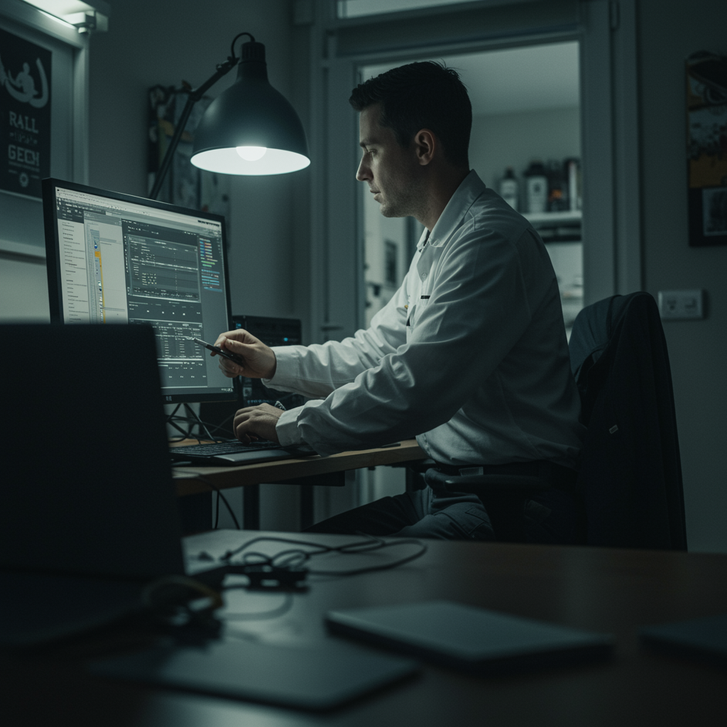 An engaging residential IT maintenance project scene, capturing a white technician in a home environment fixing or optimizing a family computer setup; the background suggests a modern, cozy interior with personal electronics, reinforcing the reliable support provided for individual clients.