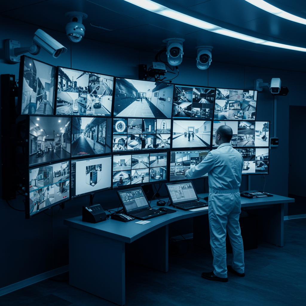 A futuristic control room focused on advanced video surveillance systems, with multiple large screens displaying various live feeds, high-tech security cameras mounted in strategic positions, and a white technician intently monitoring and adjusting settings—highlighting innovation and robust security solutions.