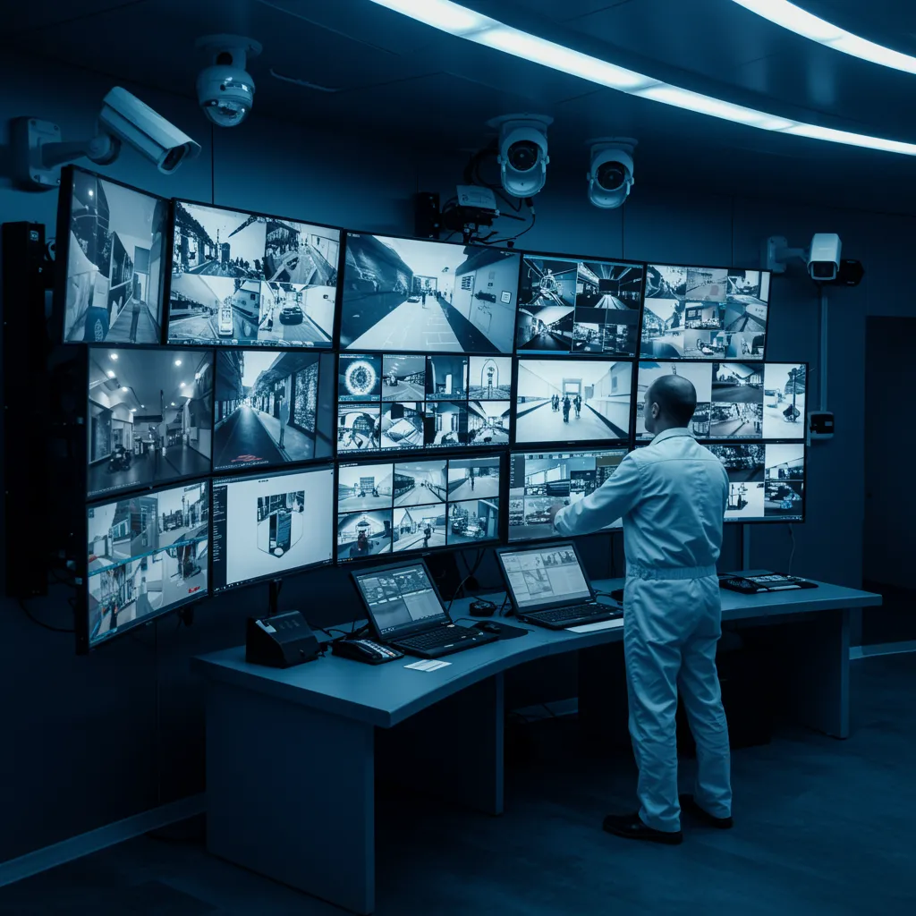 proyecto 3 A futuristic control room focused on advanced video surveillance systems, with multiple large screens displaying various live feeds, high-tech security cameras mounted in strategic positions, and a white technician intently monitoring and adjusting settings—highlighting innovation and robust security solutions.