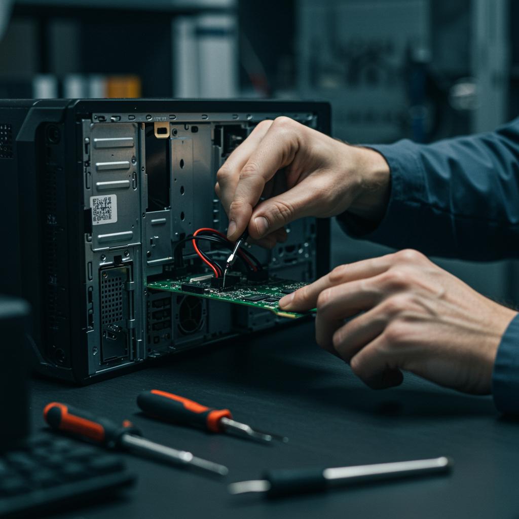 A close-up, detailed scene of computer repair, where a white IT professional meticulously works on repairing or upgrading a desktop computer; the workstation is neatly organized with specialized tools, exposed hardware components, and a clear focus on technical expertise and precision.