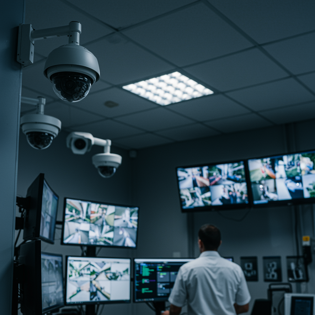 A dynamic image showcasing advanced videovigilance technology: prominently displayed high-definition CCTV cameras and multiple monitors streaming live secure footage in a modern control room, with a white technician in uniform overseeing the installation—emphasizing state-of-the-art security services.