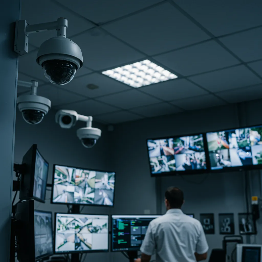 servicio arquitectura legal 2 A dynamic image showcasing advanced videovigilance technology: prominently displayed high-definition CCTV cameras and multiple monitors streaming live secure footage in a modern control room, with a white technician in uniform overseeing the installation—emphasizing state-of-the-art security services.
