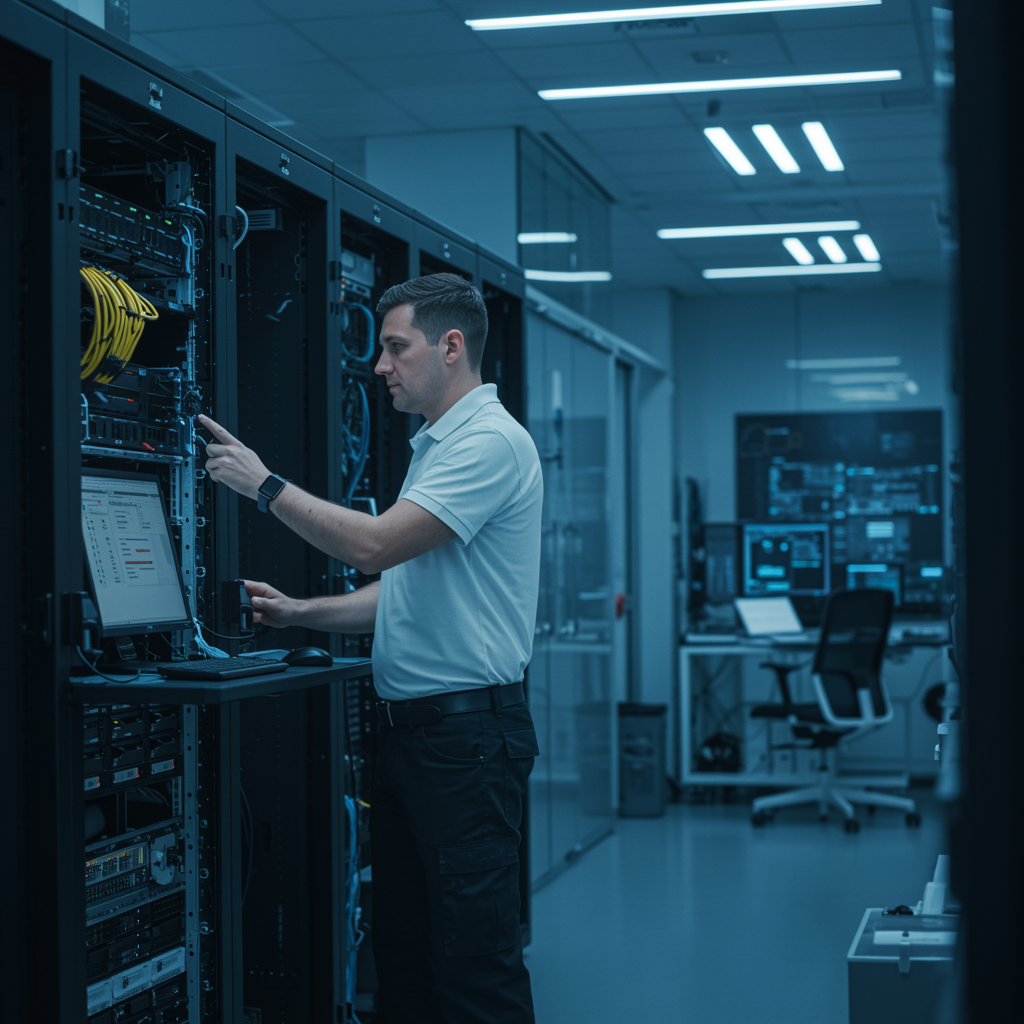 A modern, high-tech corporate scene showing a professional white IT technician performing maintenance on sophisticated computer equipment in a sleek office environment with visible server racks, cable management, and digital screens—highlighting “Maintenance for Companies” with an emphasis on reliability and efficiency.