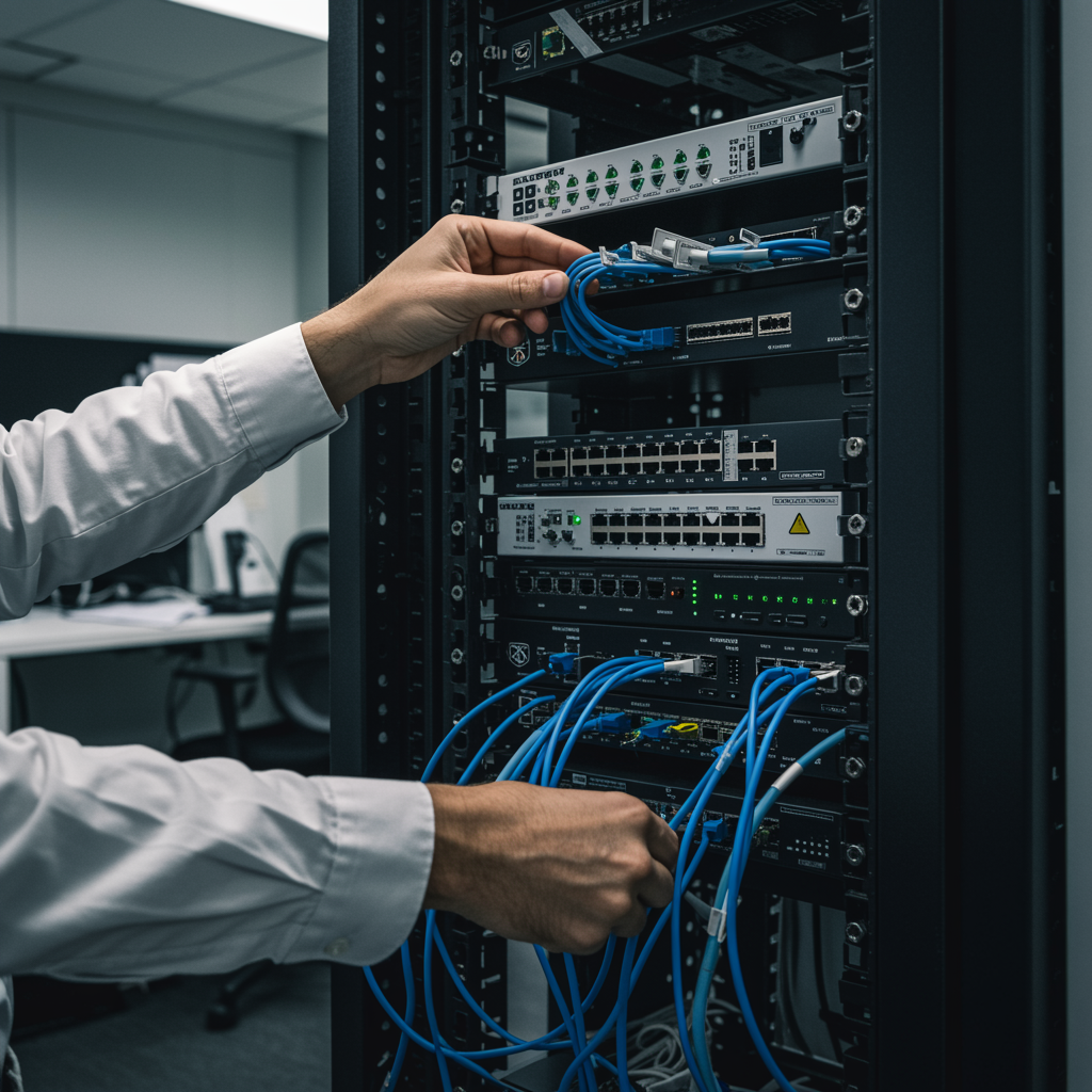 A detailed depiction of network installation for a commercial setting, with a white IT specialist carefully organizing network cables, setting up routers and switches in a contemporary office environment; the composition should highlight technical precision and a seamless integration of connectivity solutions.